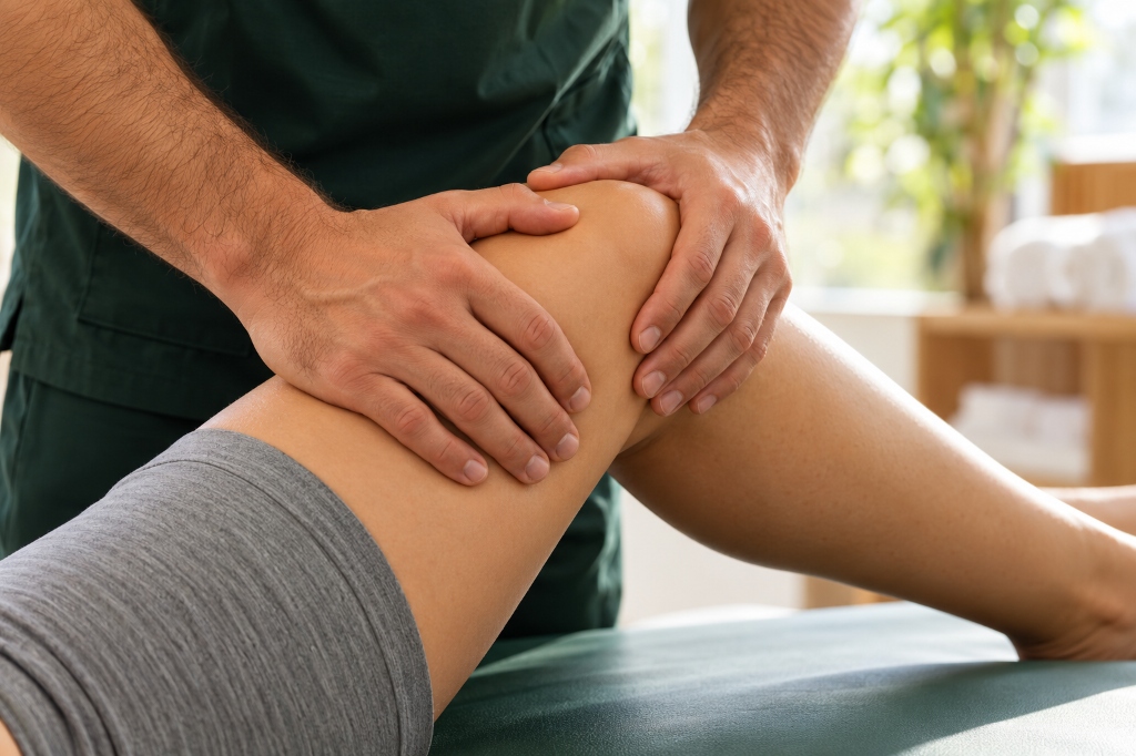Fisioterapeuta realizando atendimento especializado e terapia manual no joelho